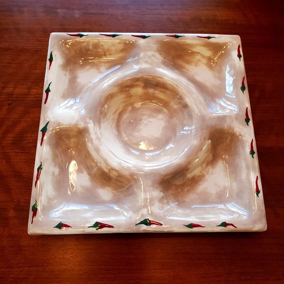 Divided Serving Dish, Chip Dip Platter Plate, Beige & Chili Peppers, Handpainted